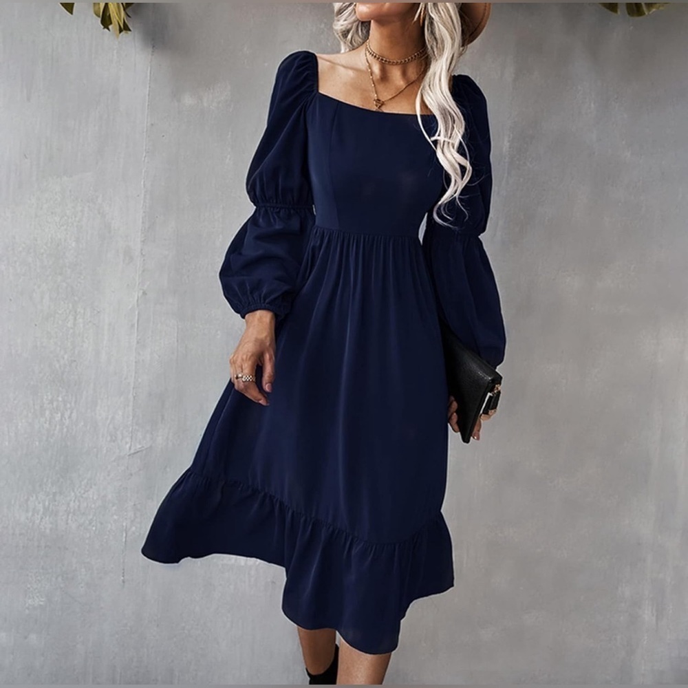 NEW Navy Blue Smocked Square Neck Puff Sleeve Ruffle Hem Dress Size XL